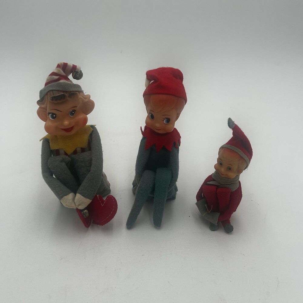 Vintage Knee Hugger Elf Pixie Christmas Ornaments Lot of 3 Made in Japan